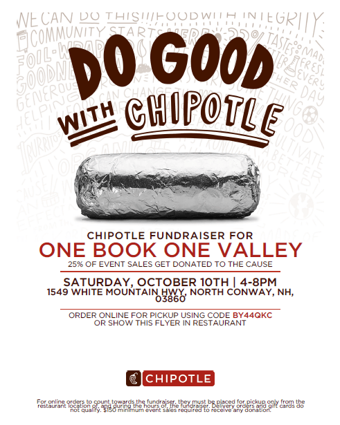 Image of flyer promoting a fundraiser for One Book One Valley at Chipotle restaurant in North Conway, New Hampshire on October 10, 2026. 